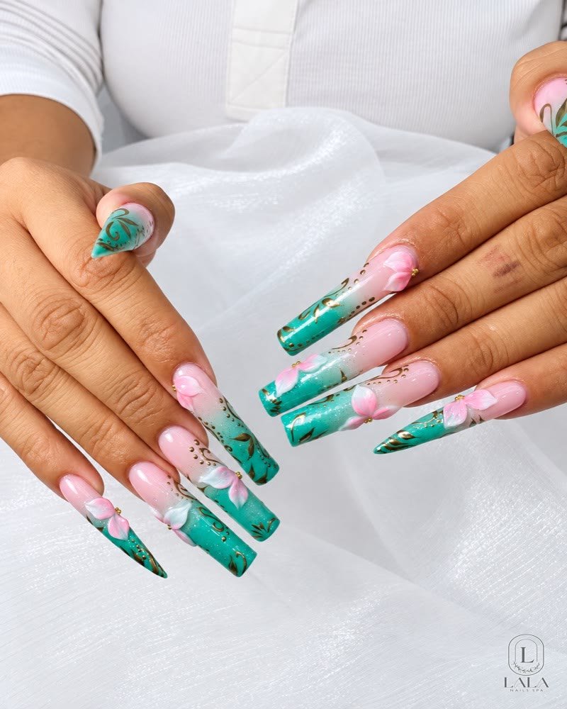 Long Gel-X nails with teal nail art, Winnetka CA
