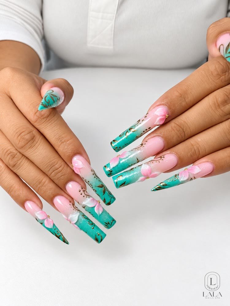 Floral French tip nails by Lala Nails Spa