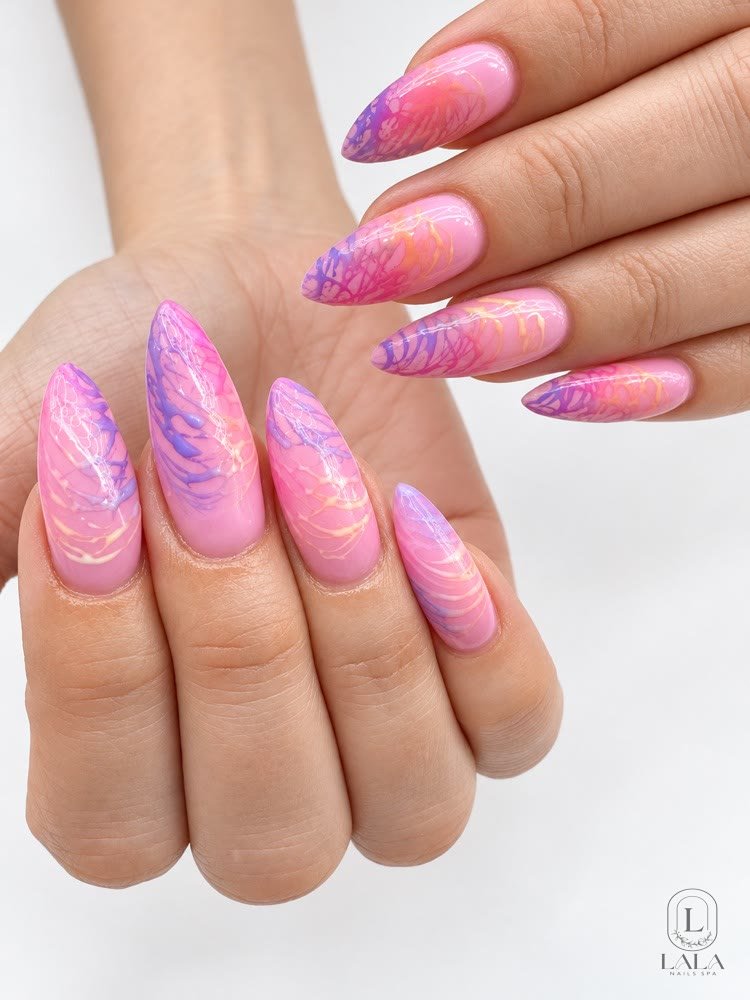 Pink acrylic nails at Lala Nails Spa in Winnetka, CA